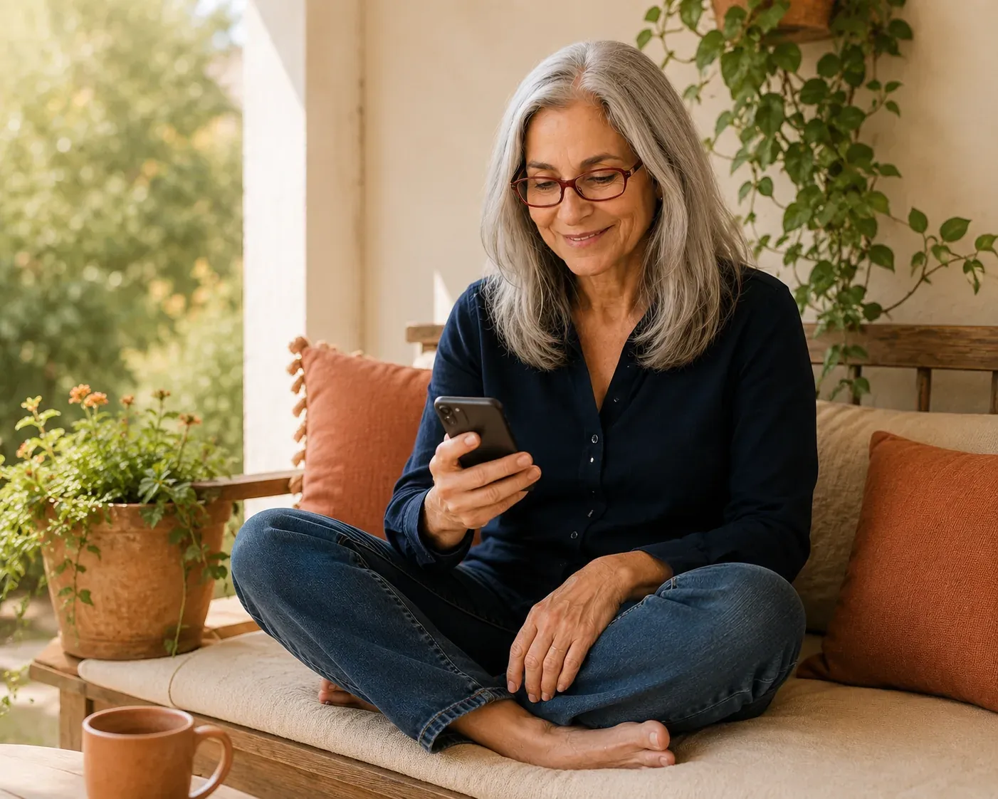 Caren Glasser sitting cross-legged on a sunny porch bench, looking down at her phone with a warm expression