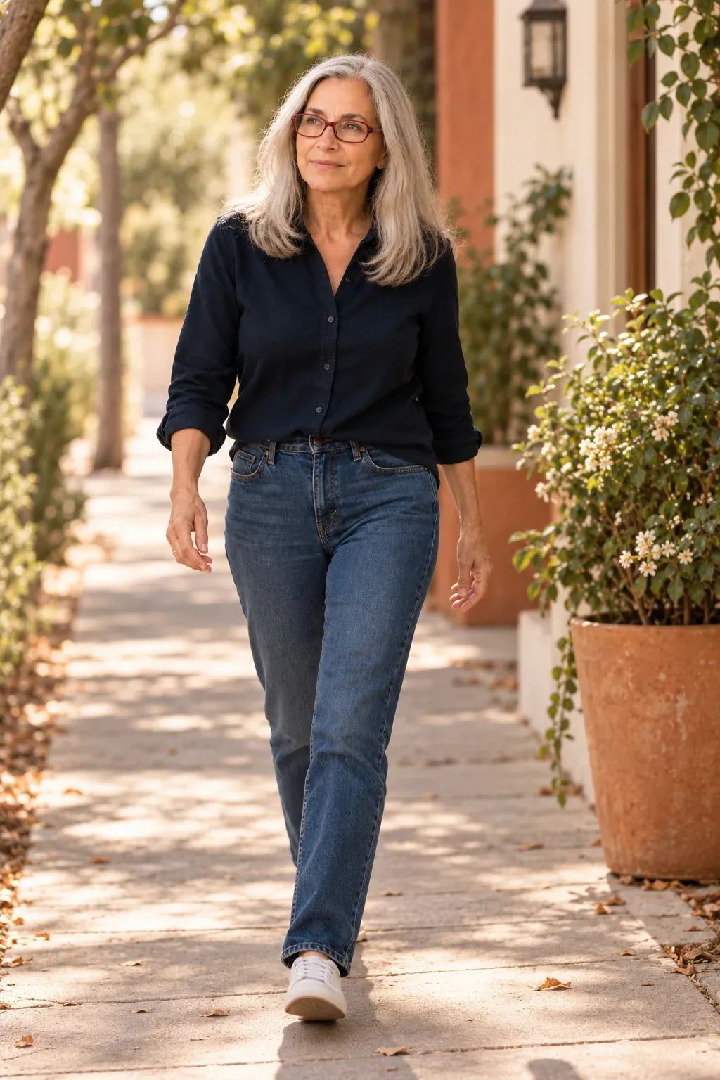 Caren Glasser walking steadily down a sunlit path, eyes forward, mid-stride