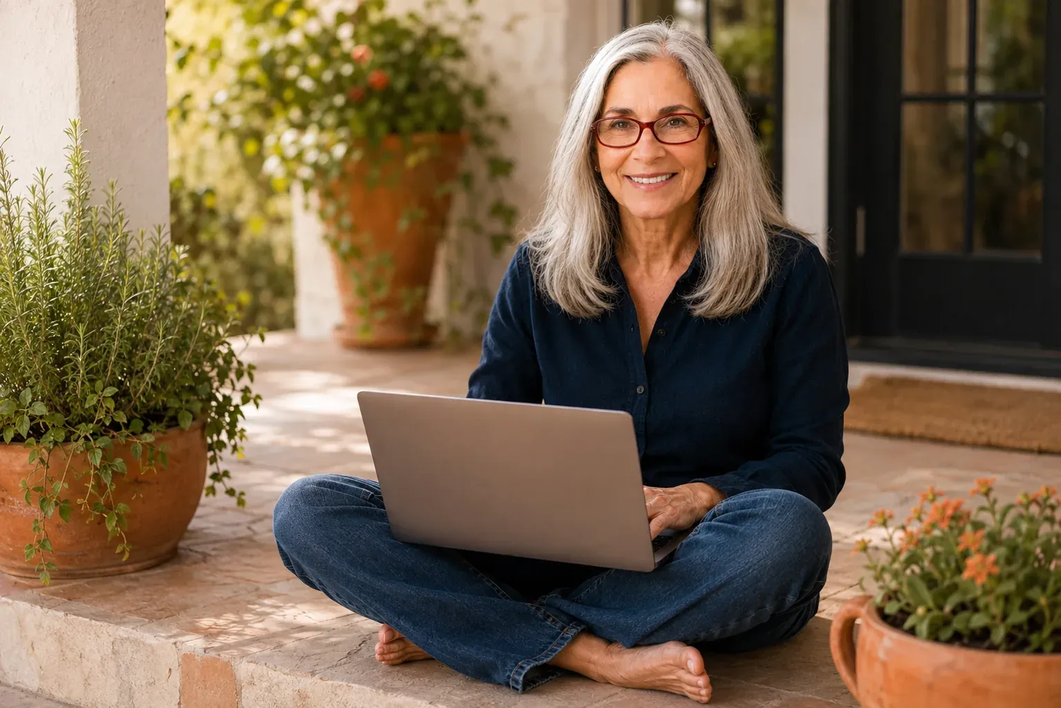Caren Glasser sitting cross-legged on a sunny porch with a laptop, smiling directly at the camera