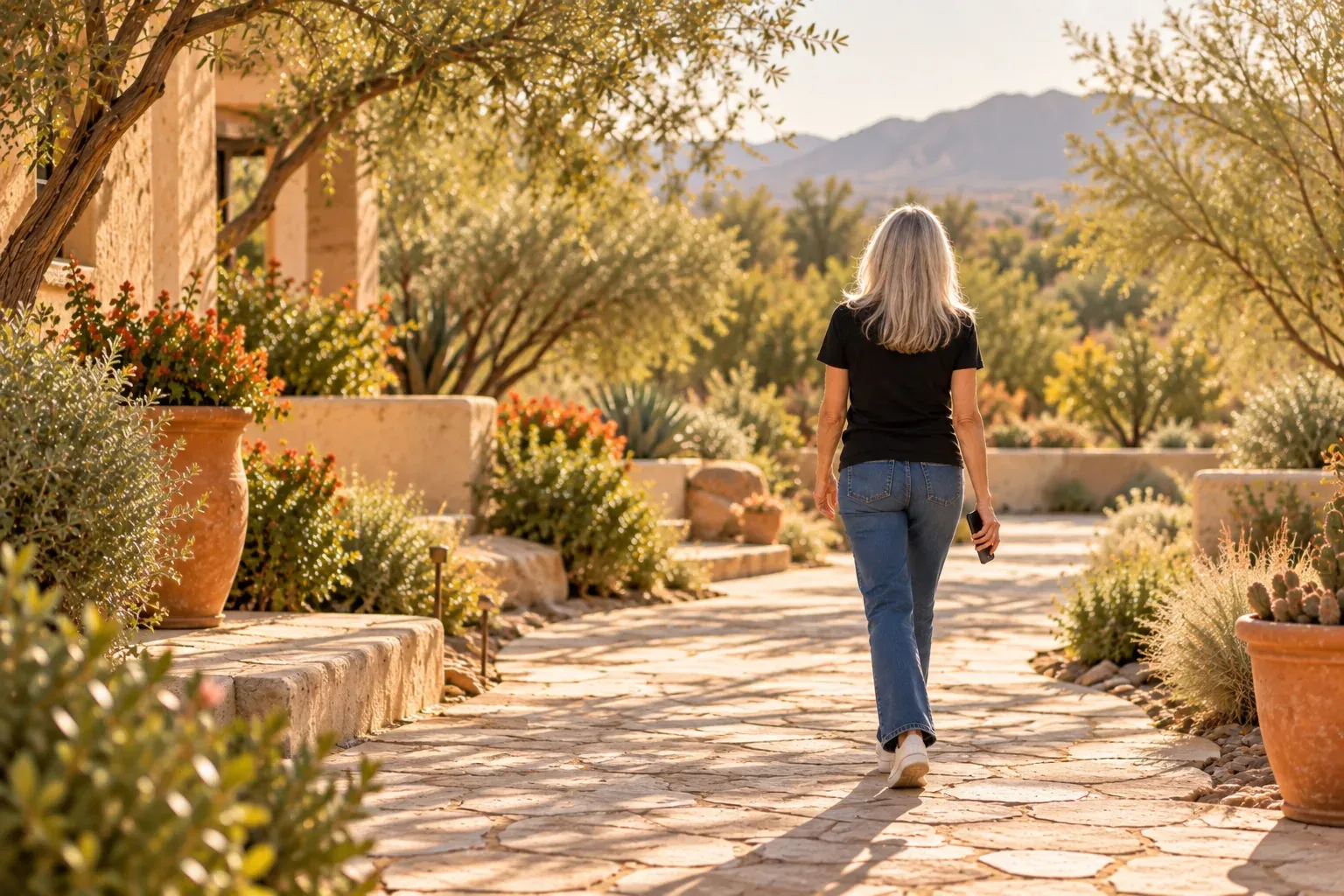 Caren Glasser seen from behind, walking along a sunlit stone path through a desert garden in jeans and a black t-shirt, a phone held low at her side
