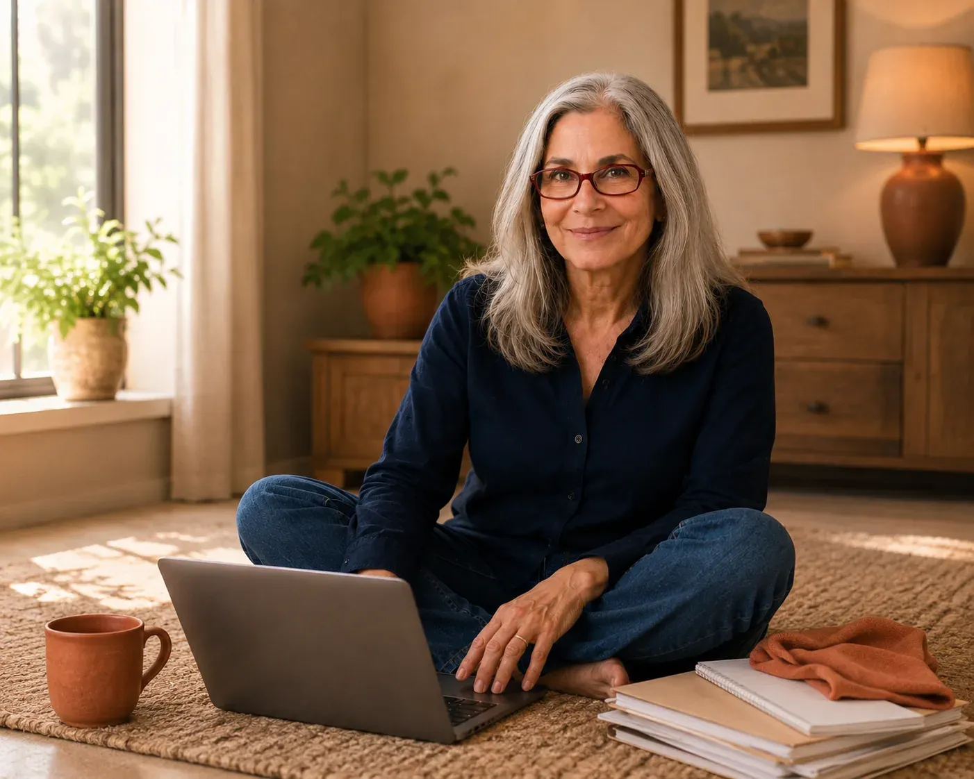 Caren Glasser at her desk, focused and steady, working through her laptop