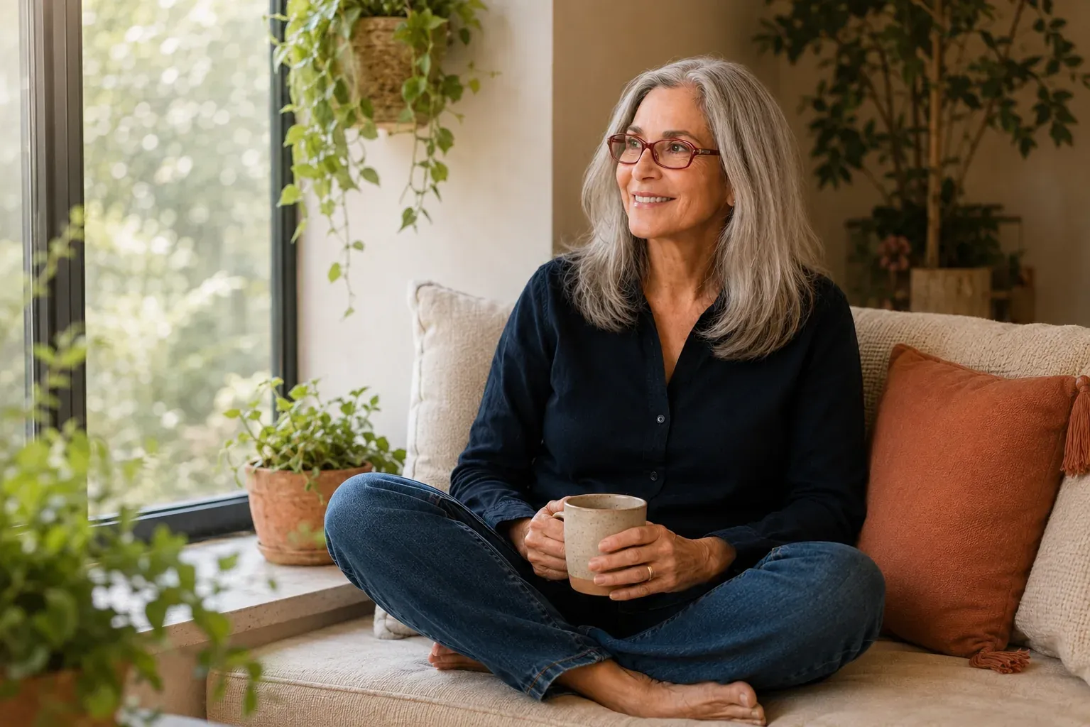 Caren Glasser sitting cross-legged in a window seat surrounded by plants, holding a mug and looking outward in quiet reflection