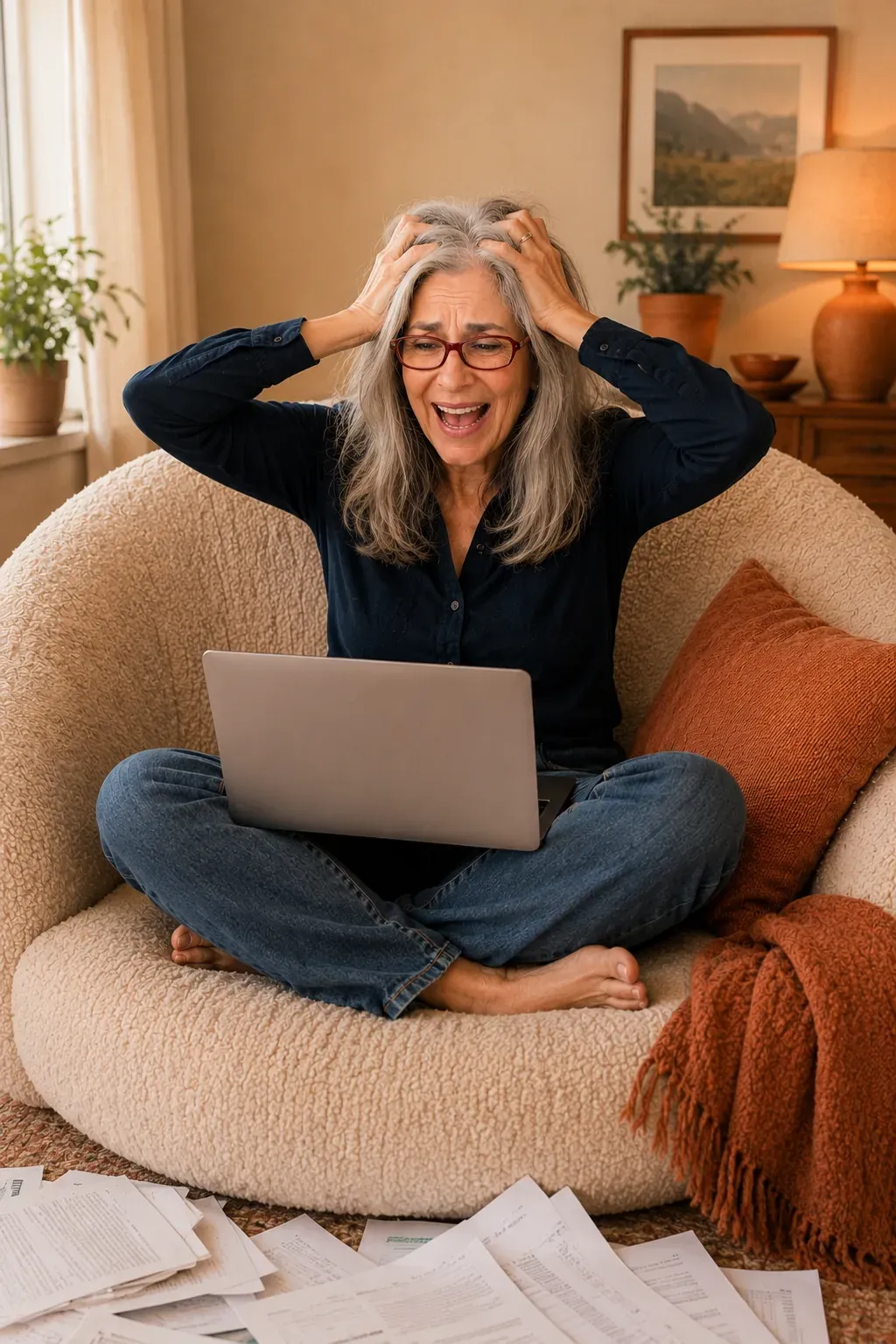 Caren Glasser looking at a laptop screen with a serious, resolved expression