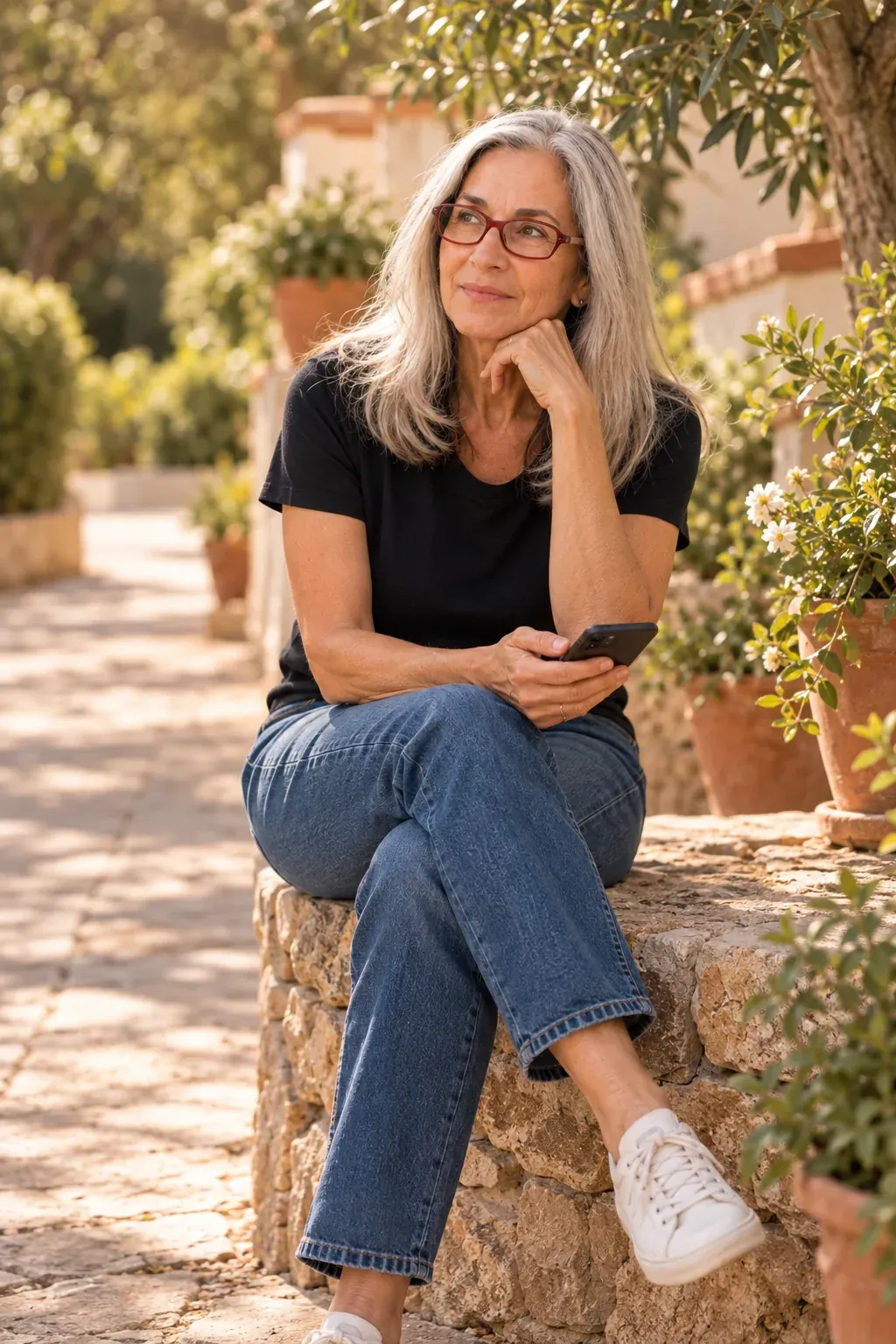 Caren Glasser sitting on a low stone wall along a sunlit garden path, phone in hand, gazing thoughtfully into the distance