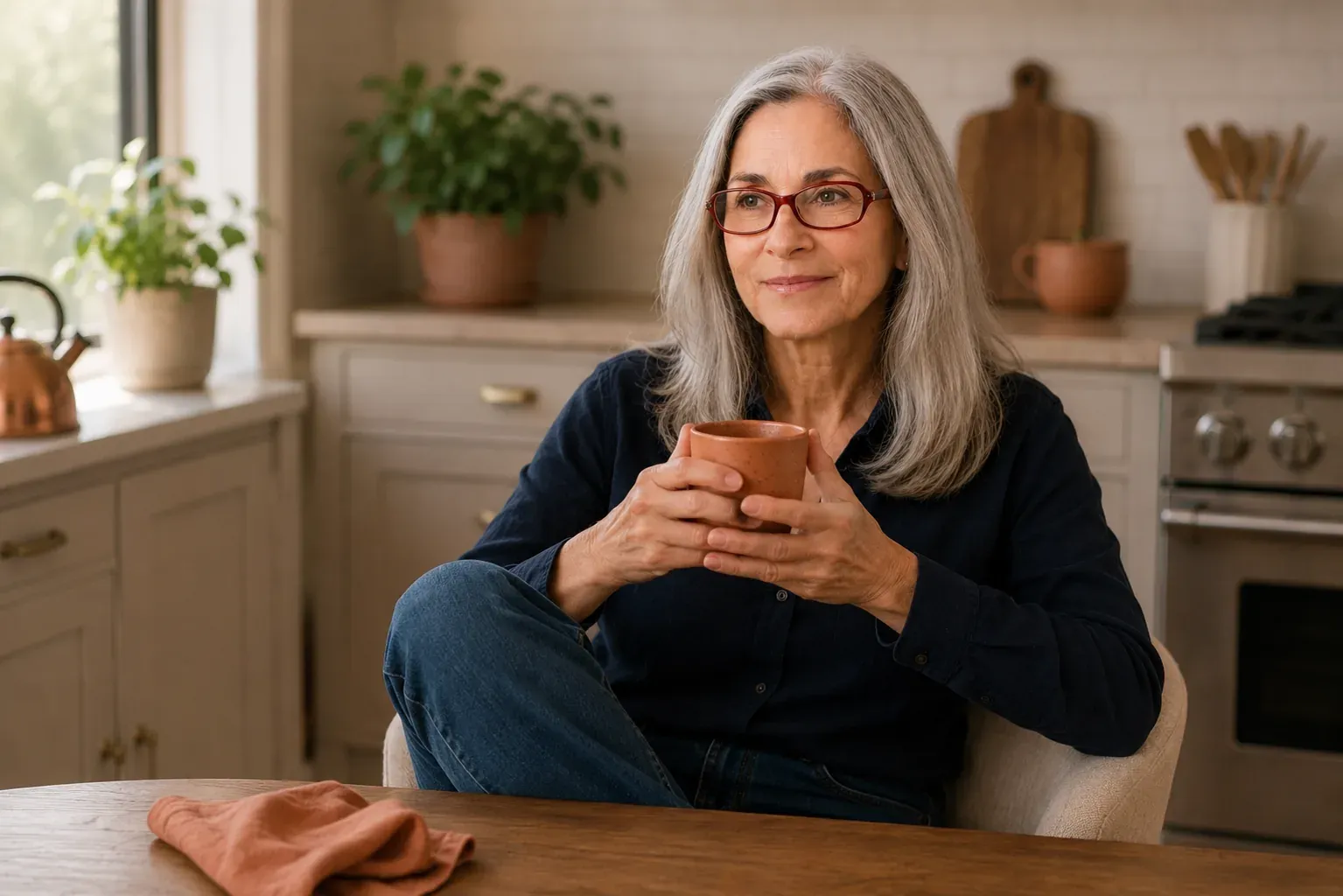 Caren Glasser sitting cross-legged at her kitchen table holding a warm mug, thoughtful expression