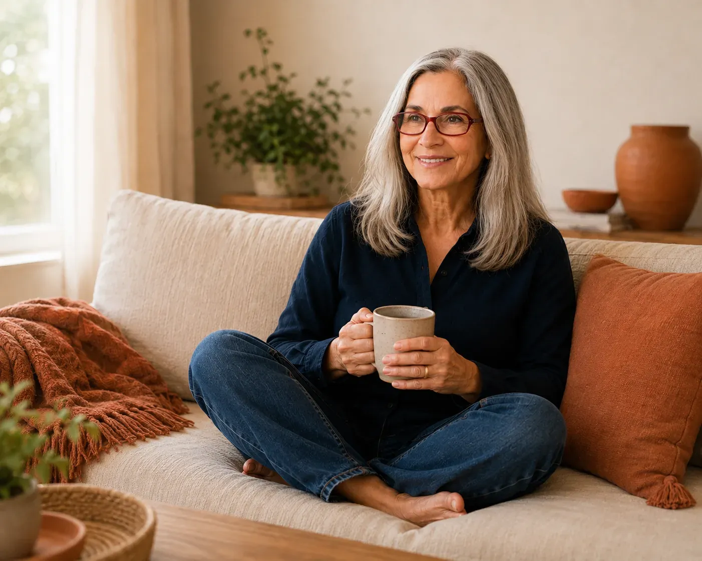 Caren Glasser sitting cross-legged on her couch, holding a mug and smiling softly