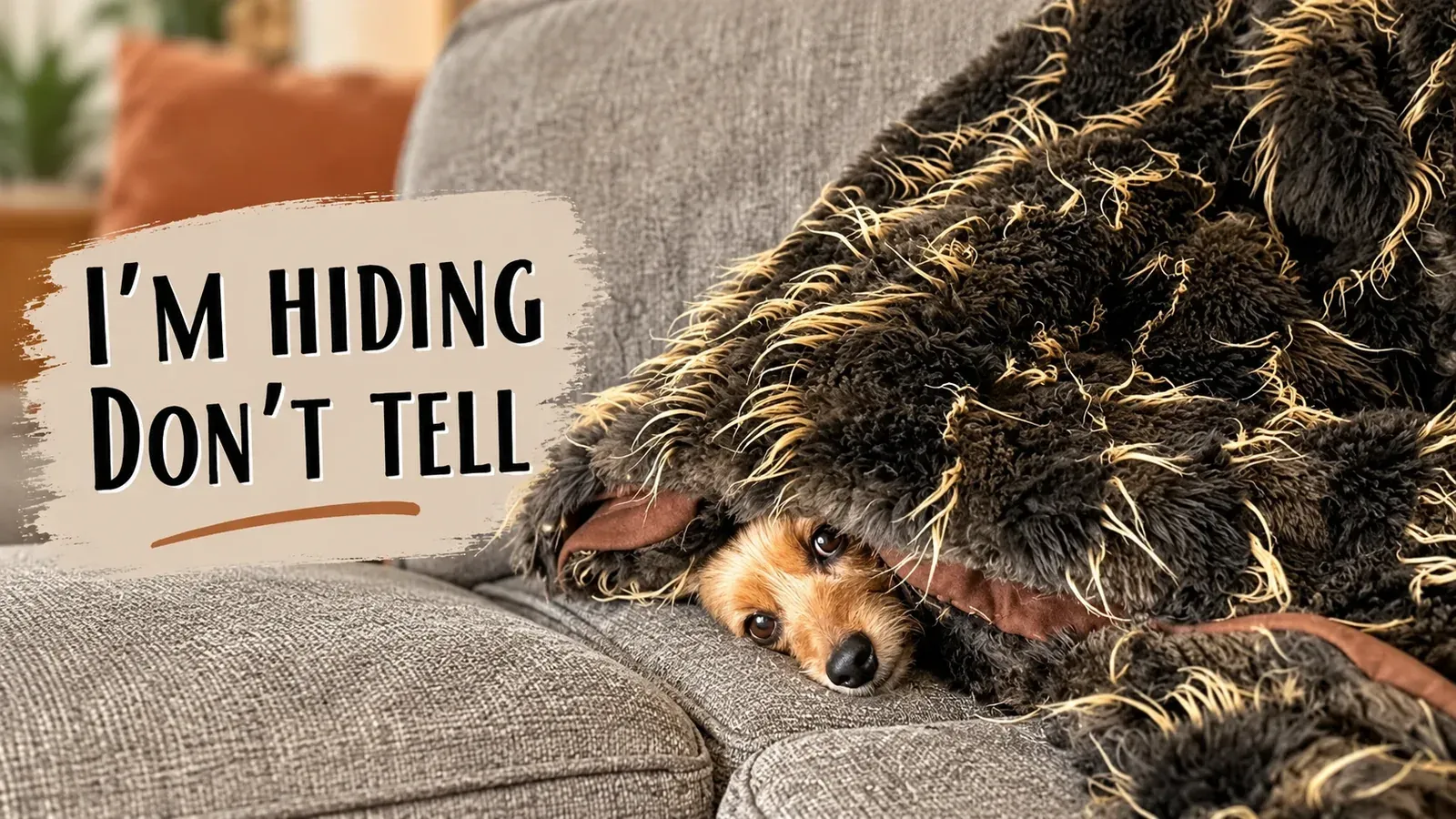 Christopher, Caren's small terrier mix, hiding because she went on vacation