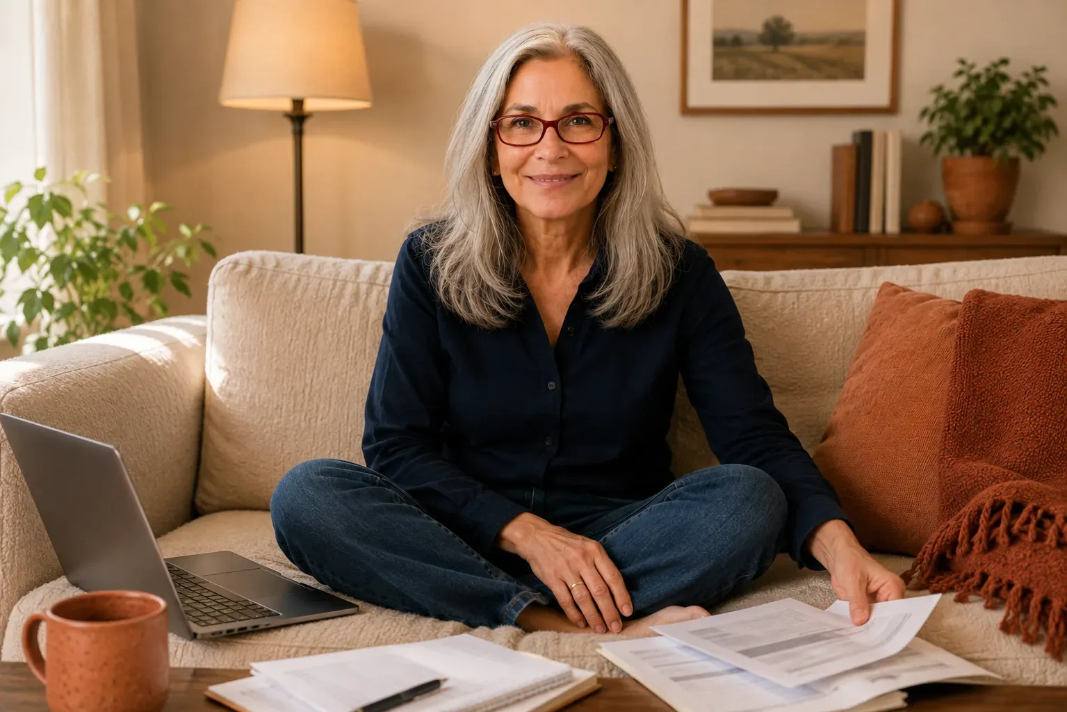Caren Glasser sitting cross-legged on a couch with a laptop and papers, reflecting