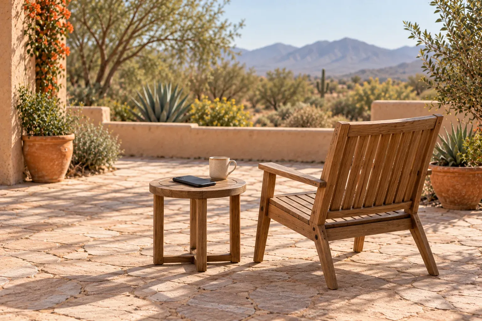 An empty wooden chair with its back to the viewer on a sunlit desert patio, beside a small round table holding a mug and a phone lying face down