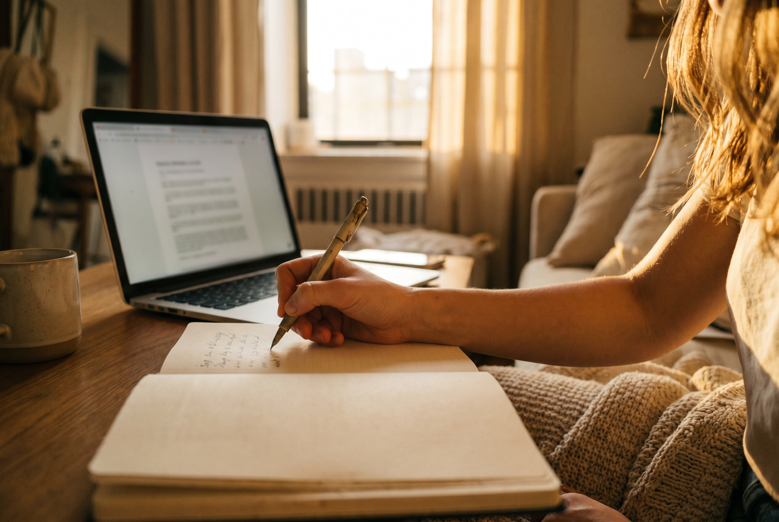 Woman writing thoughtfully in a journal beside her laptop