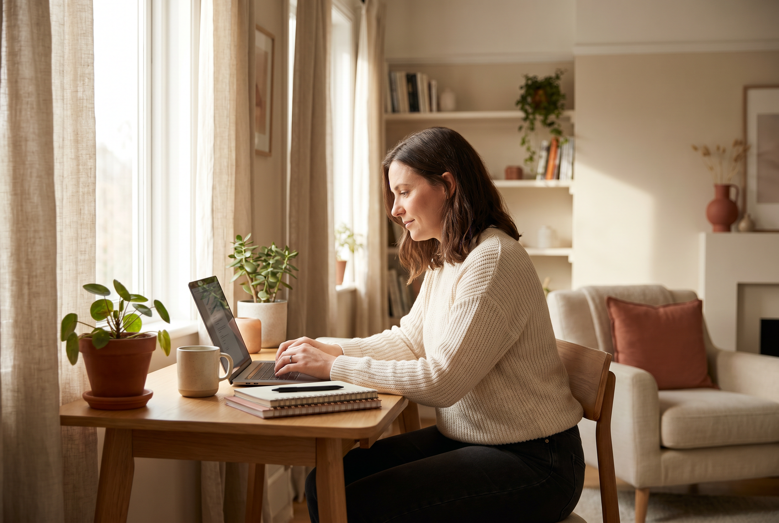 Inbox on a laptop screen with a coffee cup nearby, warm light